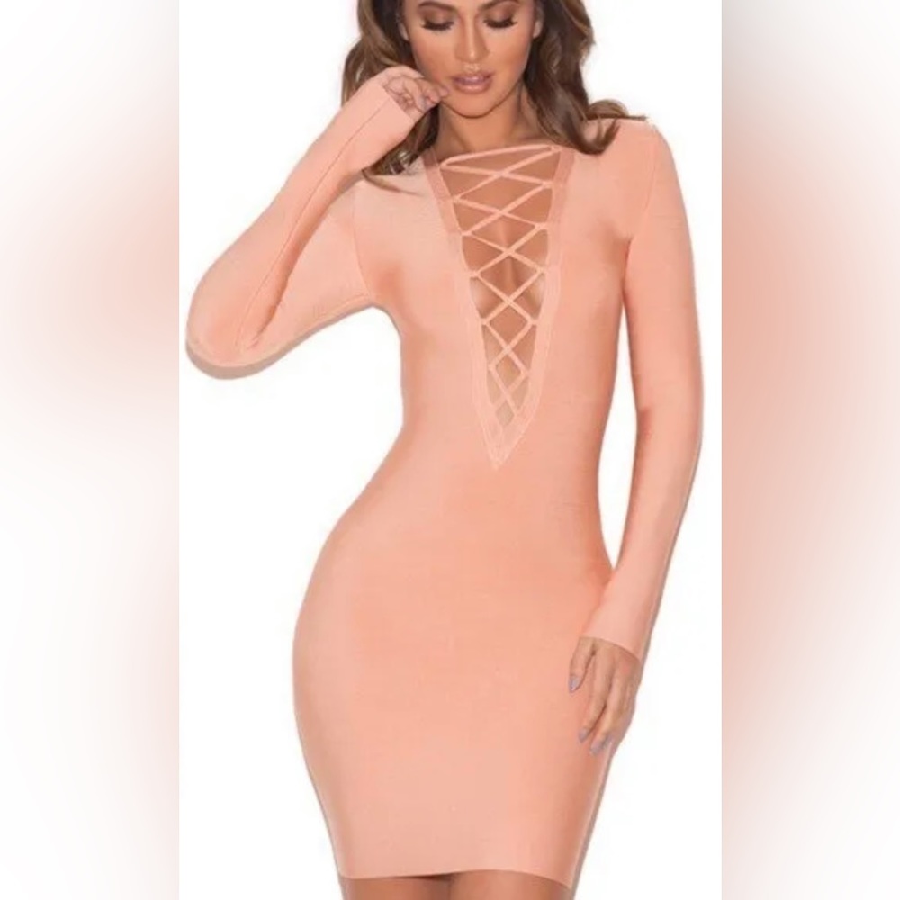 House of CB Peach Pink Lace Front Reyna Bandage Mini Dress Size Small